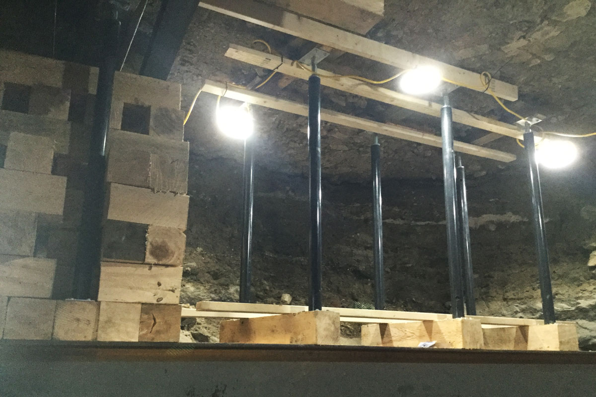 A shored up section of a tunnel prior to beginning repair work