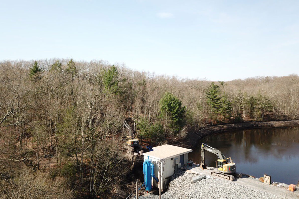 The Luther Reservoir Dam and Pump Station during the height of construction