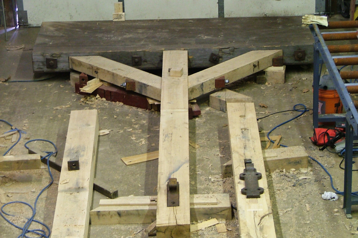 White oak timbers laid out in the shop