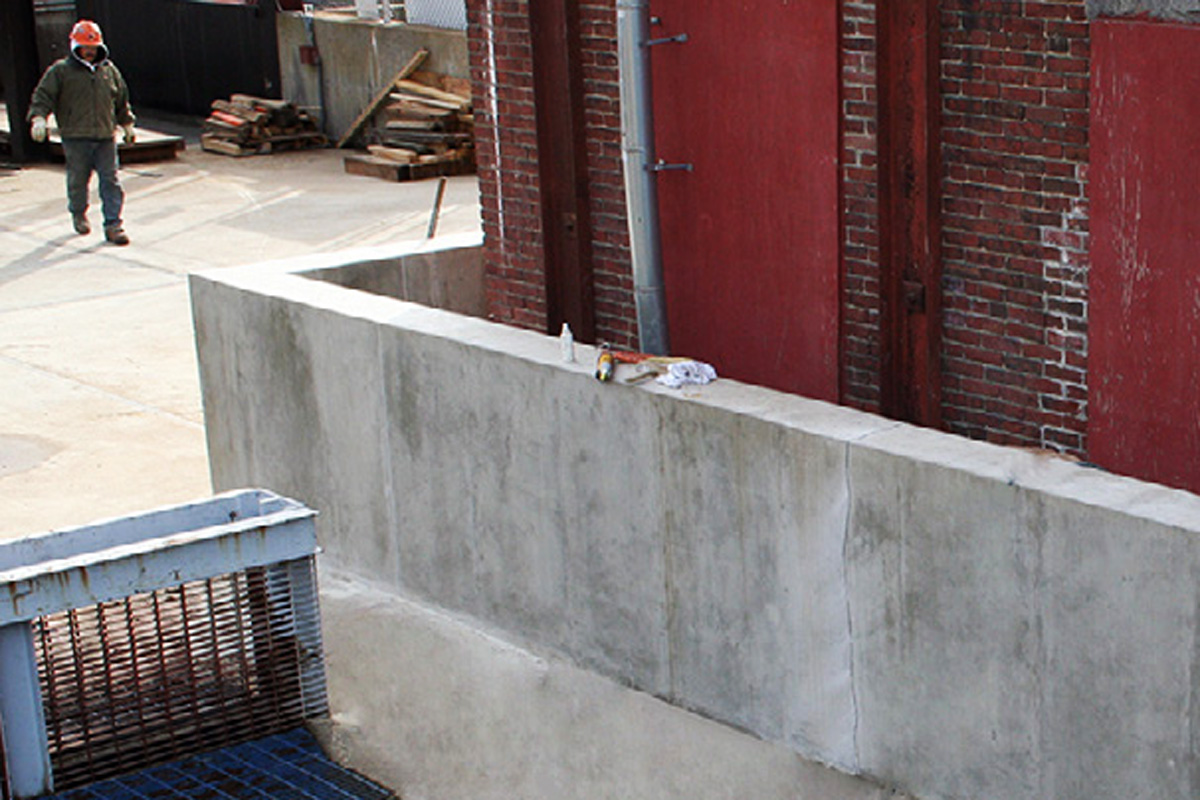 A section of the 150 foot concrete flood wall