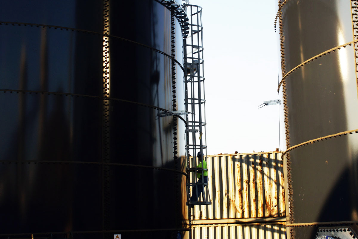 Working on the glass-fused-to-steel stormwater storage tanks